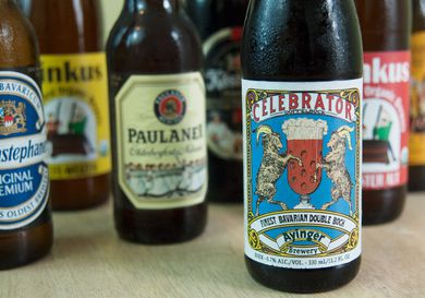 A collection of German beers on a table. 