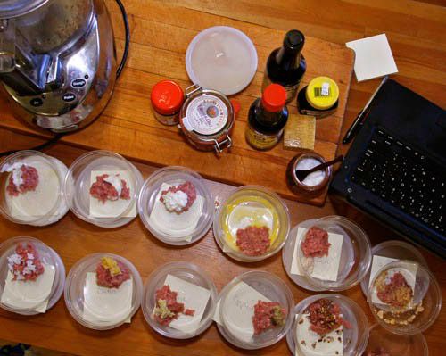 Making mini turkey patties with different glutamates in each one.