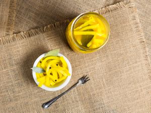 A jar of danmuji, Korean pickled daikon radish.