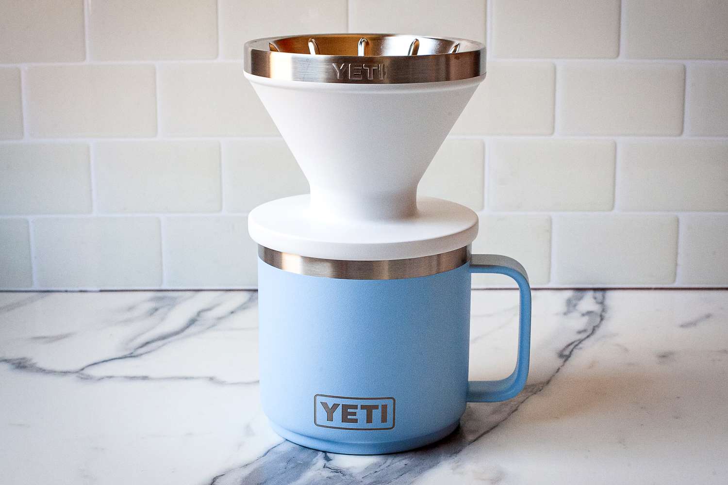 Yeti Rambler Pour-Over on top of a blue Yeti mug