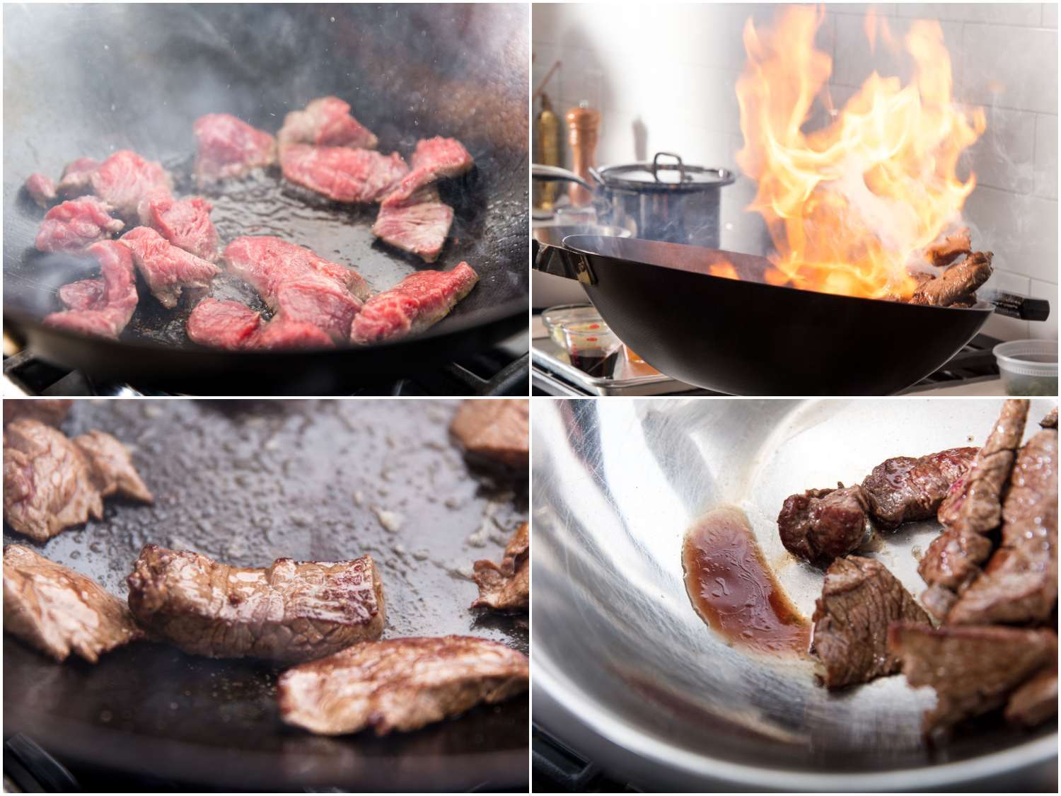 Collage of stages of stir-frying beef in wok for lomo saltado, a wok engulfing in flames, the charred beef, and the charred beef resting in a bowl, pooling in juices. 