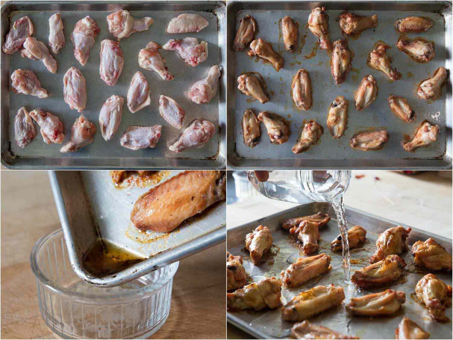 A 4-image collage of chicken wings before and after being roasted on an unlined baking sheet for chicken stock, the rendered fat being strained and reserved in a small bowl and deglazing the baking sheet with water.