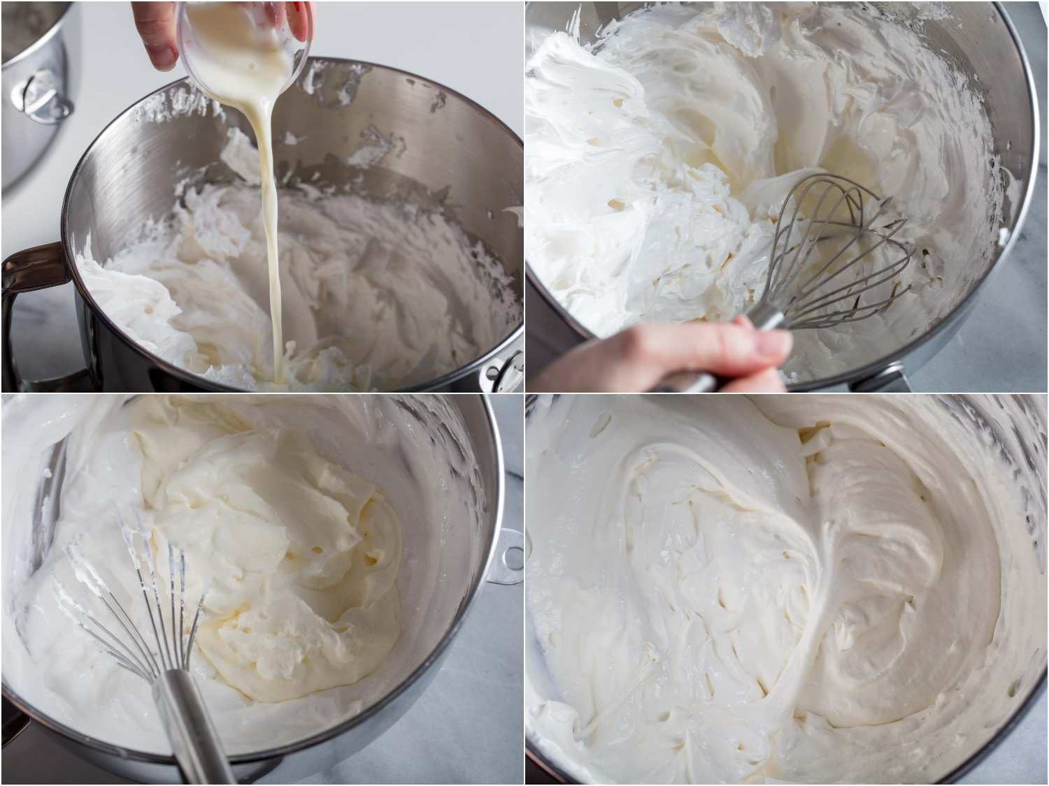 A four-image collage. The top left image shows cream being poured into the meringue in a mixing bowl. The top right image shows whisking the mixture with a whisk. The bottom left images shows adding whipped cream to the mixture. The bottom right image shows the mixture has been combined thoroughly.