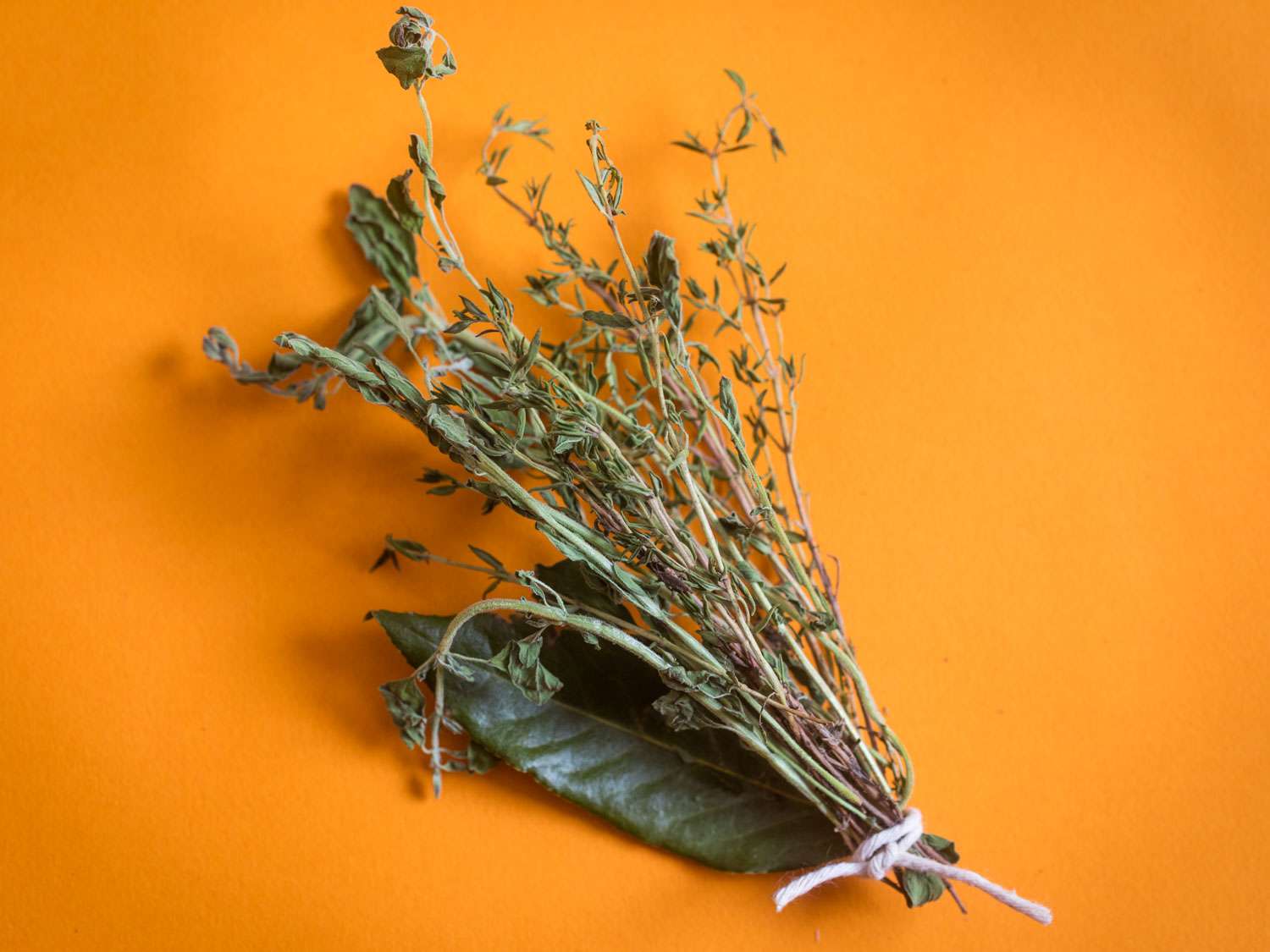 Bundle of aromatic herbs used in Mexican cooking: thyme, marjoram, oregano, and bay leaf