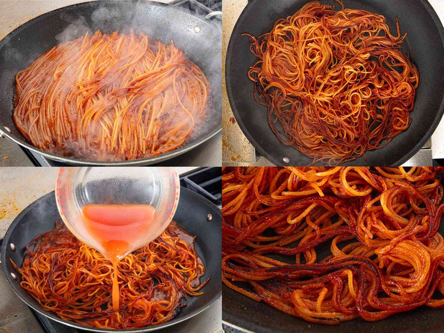 Four image collage of spaghetti all assasina cooking
