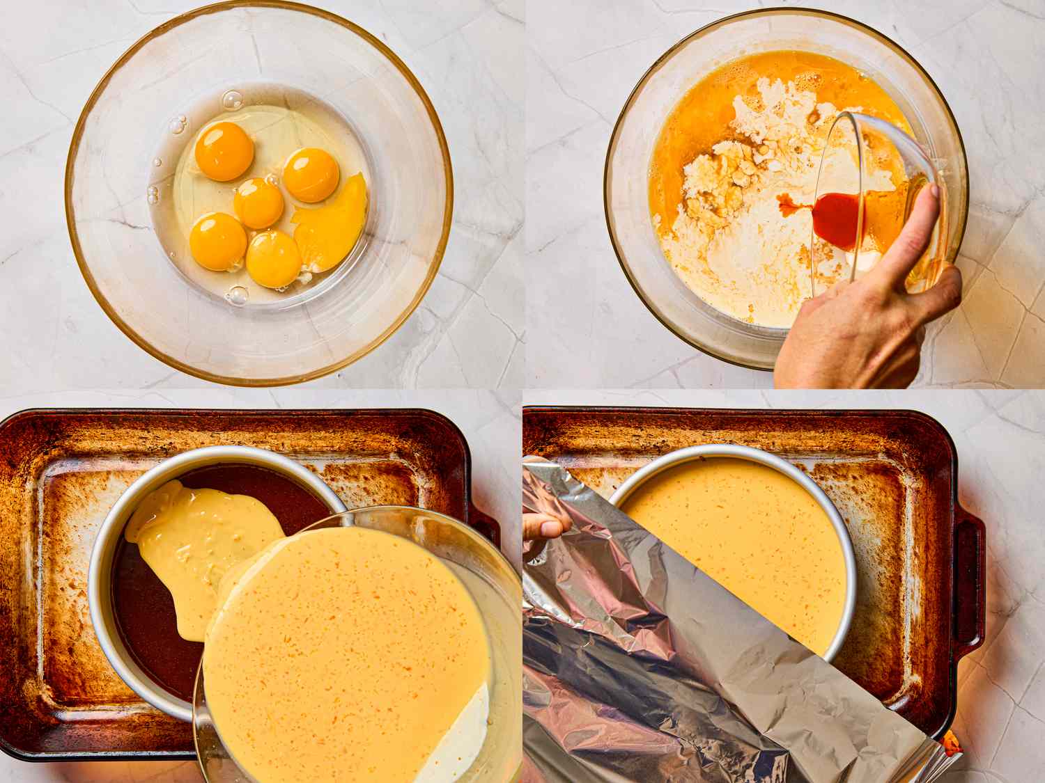 Steps for preparing orange and saffron flan in four panels including mixing ingredients pouring into a pan and covering with foil
