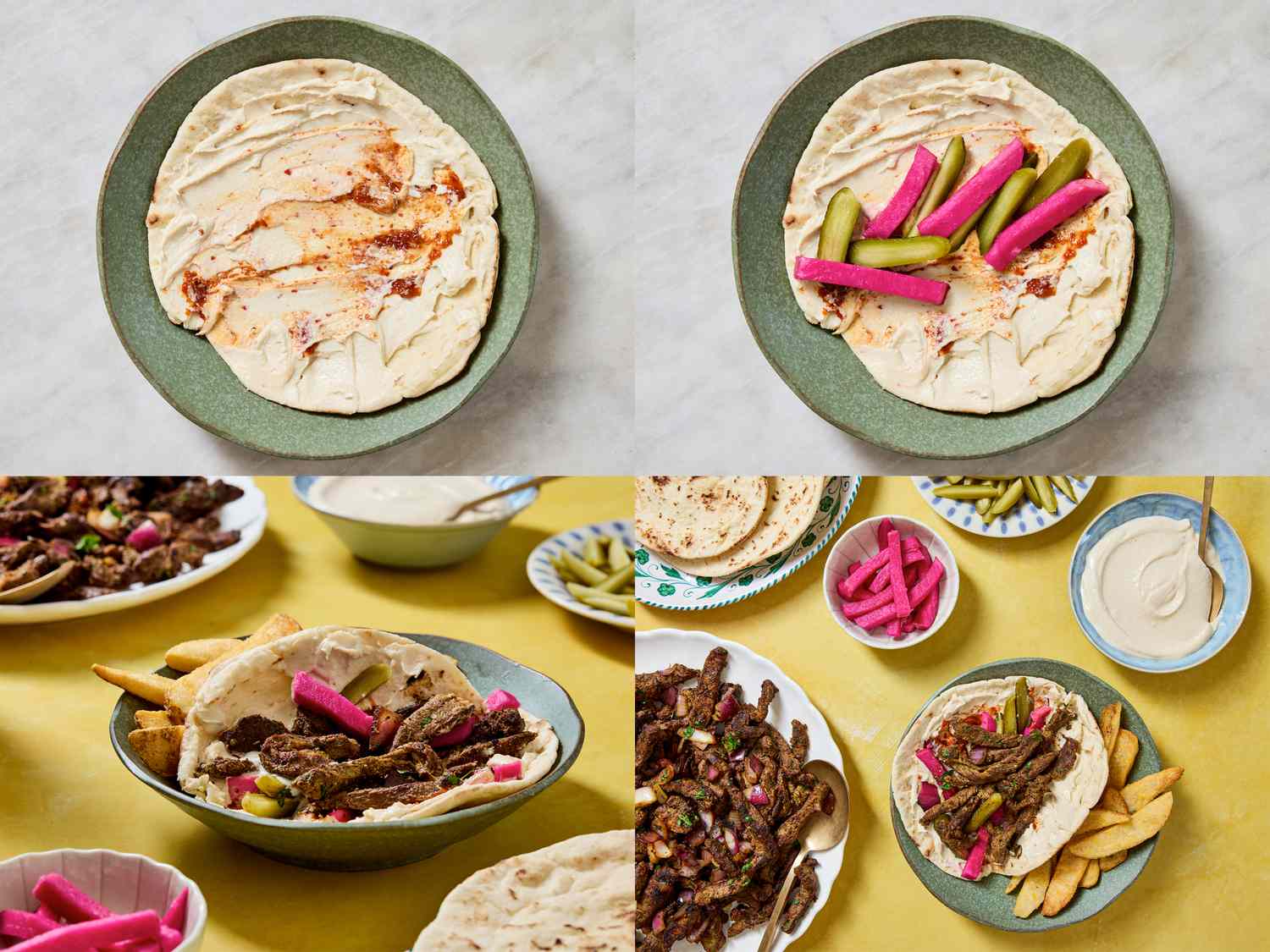 Preparation process and serving of beef shawarma with pita and toppings