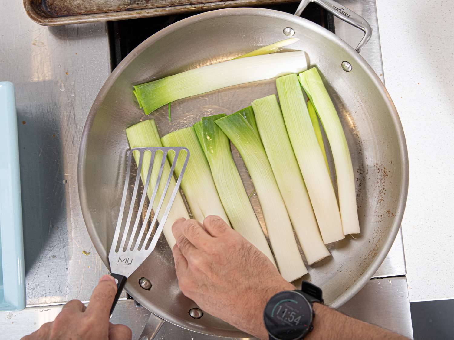Overhead view of cooking leeks