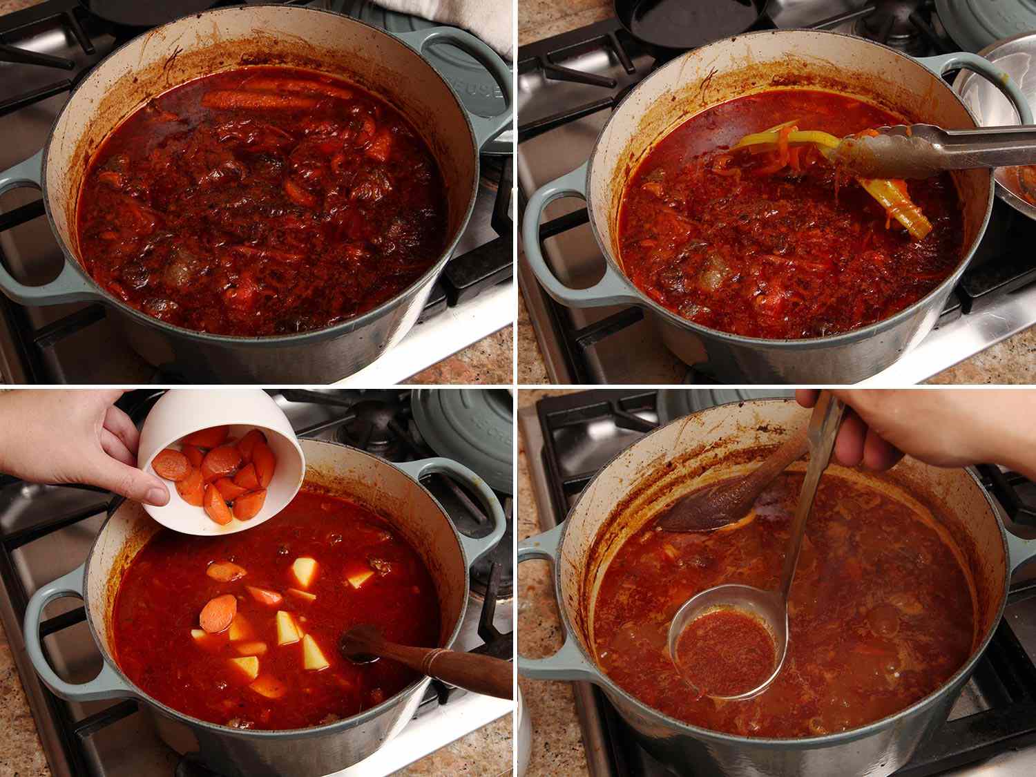 A collage: A Dutch oven of goulash out of the oven, removing celery stalks and bay leaves, adding potato and carrot into the pot, and skimming the fat from the surface of the stew. 