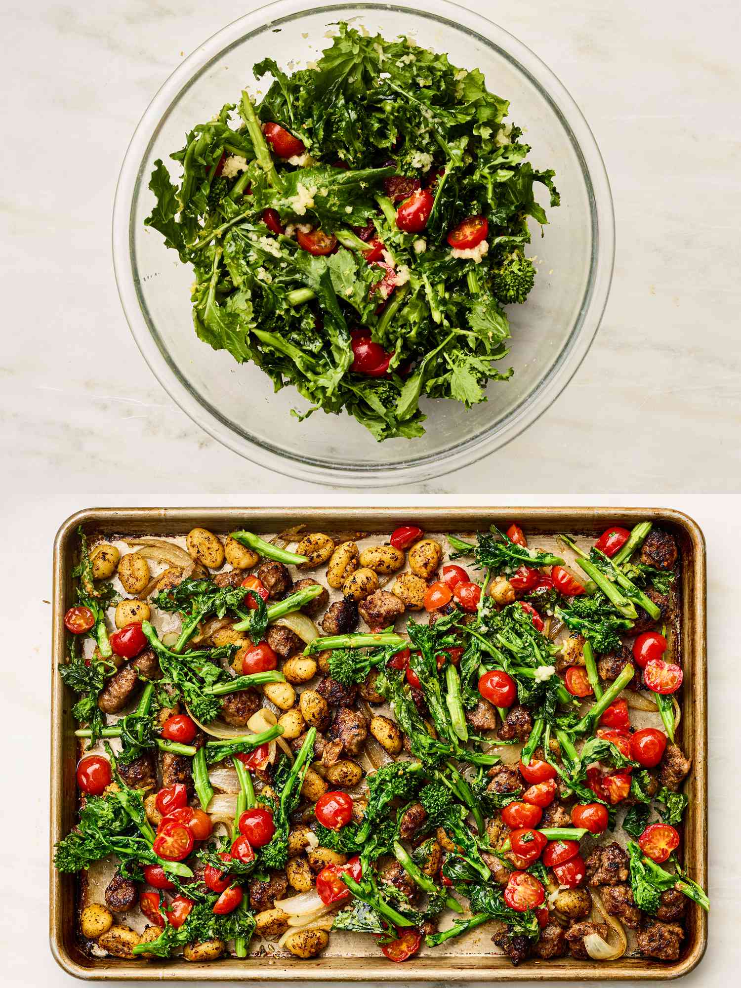 A prepared salad in a bowl and a sheet pan meal with gnocchi, vegetables, and tomatoes