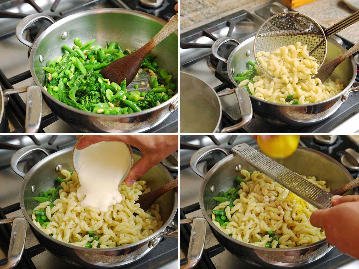 4-image collage of cooking pasta primavera: blanched vegetables are added, then pasta, then crème fraîche and lemon zest.