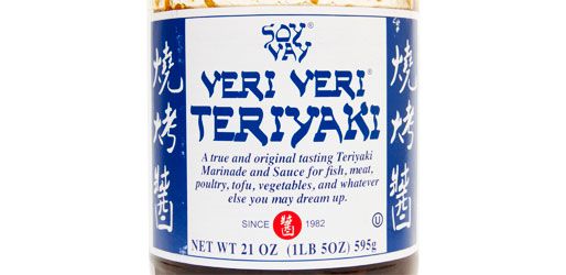 Closeup of blue and white bottle of Veri Veri brand Teriyaki sauce