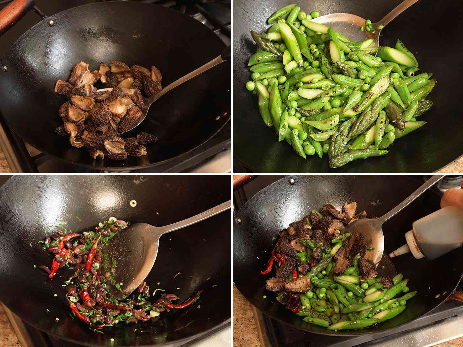 Collage of batched stir-frying: morels, followed by blanched spring vegetables, and finally the chiles and aromatics. The last image shows the all the ingredients returned to the pan and seasoned with soy sauce.