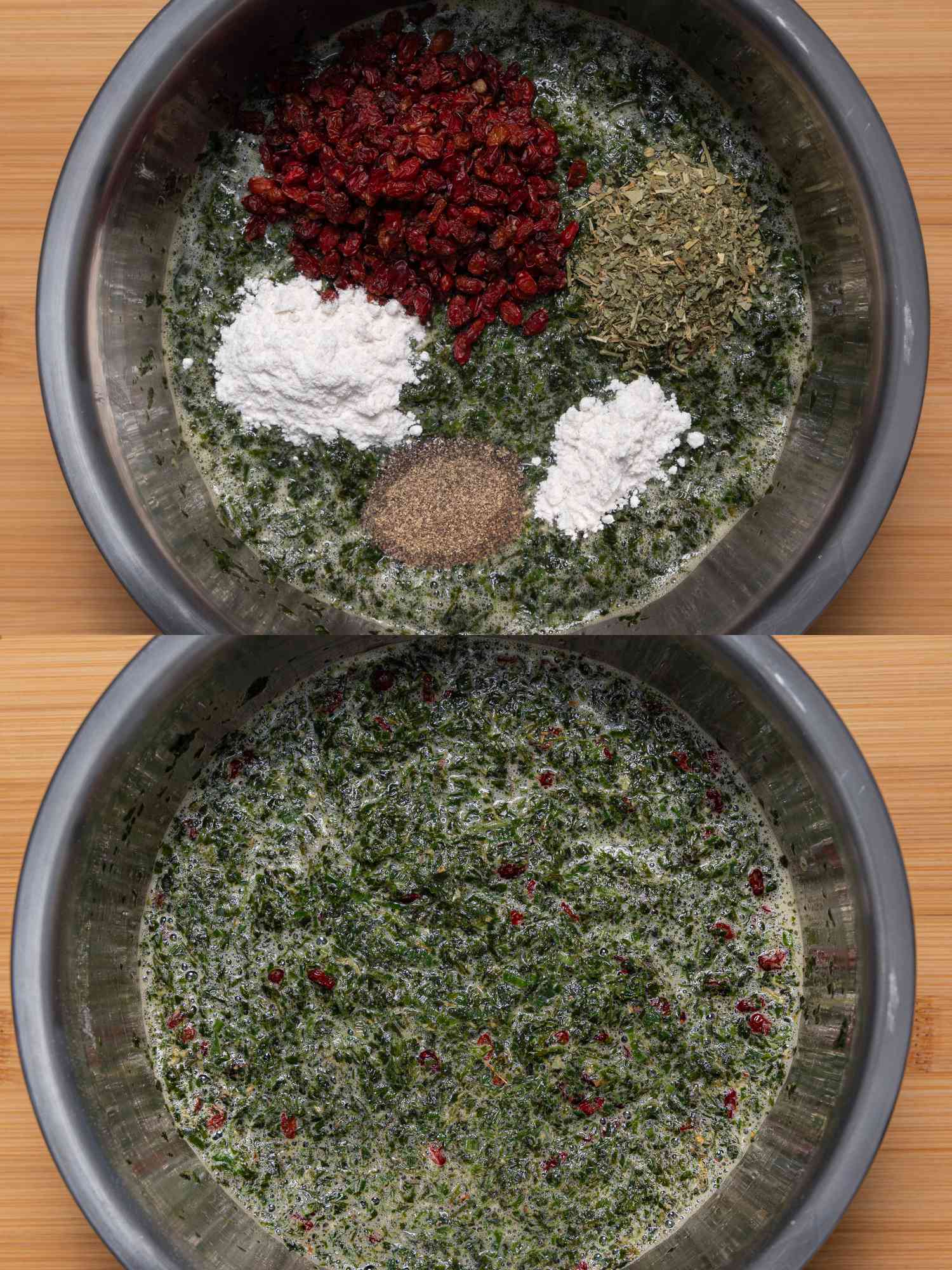 Two image collage. Top: dried fenugreek, barberies, all purposes flour, baking powder, and ground black pepper. Bottom: all ingredients mixed well 