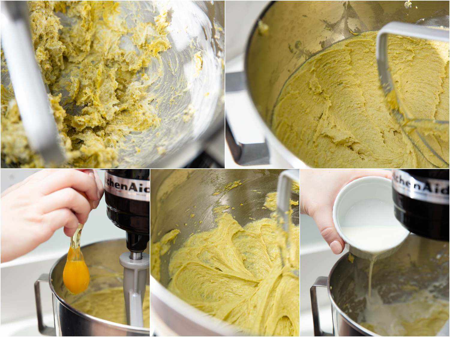 beating the pistachio paste with butter, then incorporating an egg and cream to form a smooth and silky paste