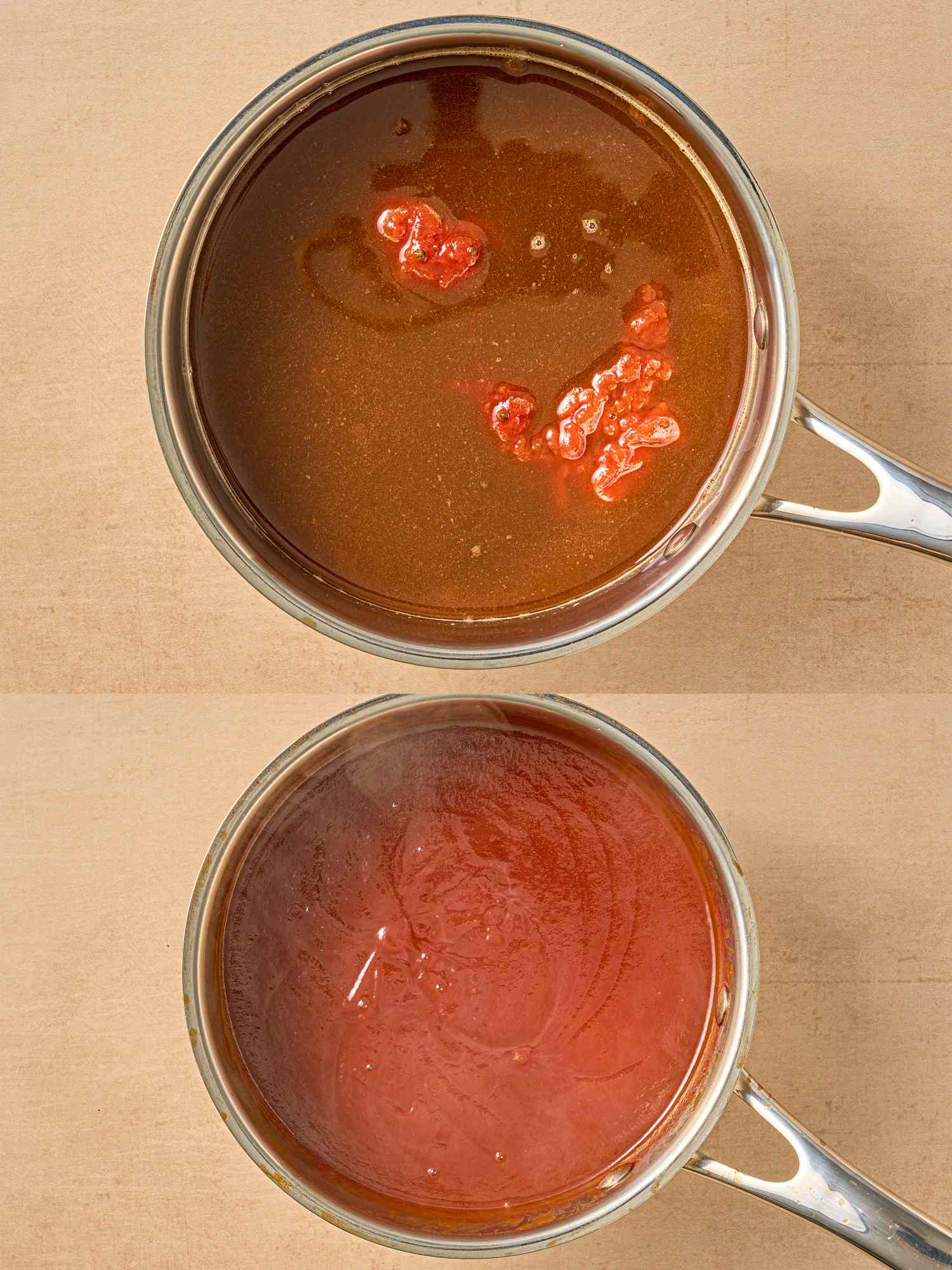 Two saucepans showing the stages of making a sauce from initial ingredients to a thickened mixture