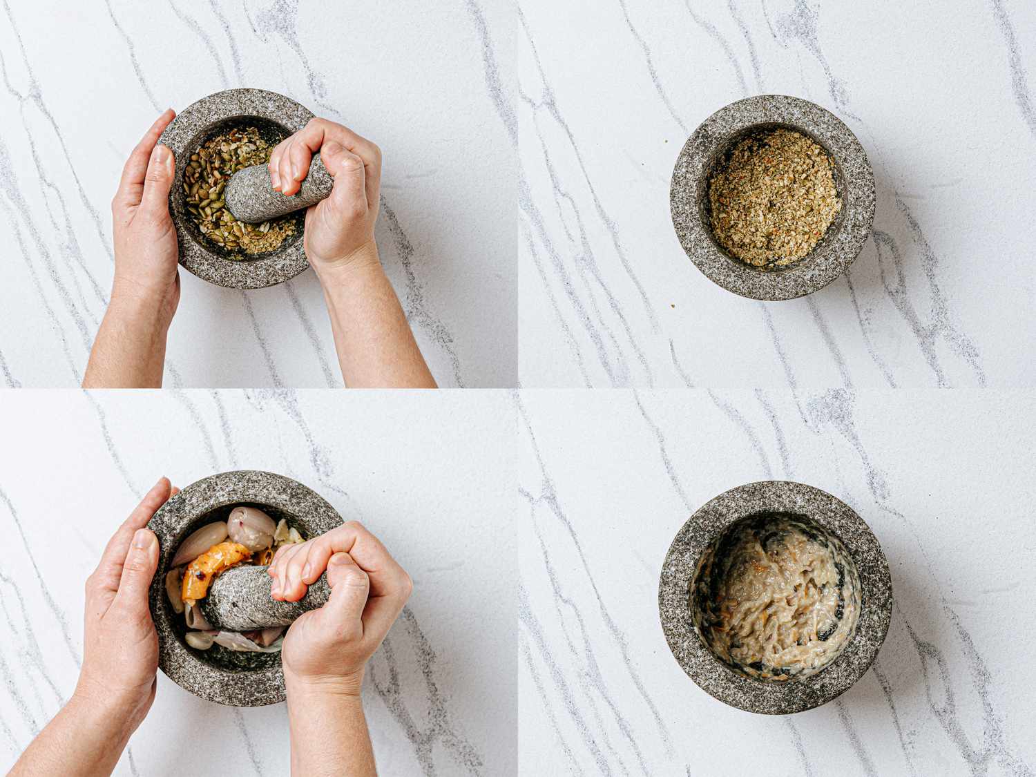 Steps of using a mortar and pestle to grind and mix ingredients displayed in four stages