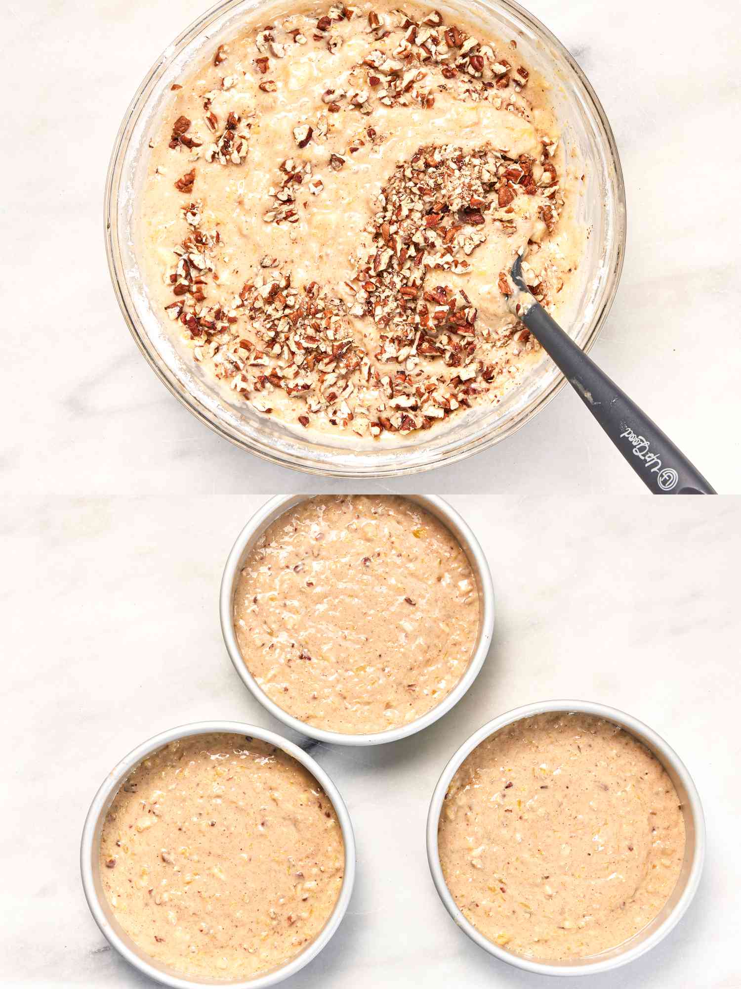 Two image collage of mixing in pecans and putting into cake pans