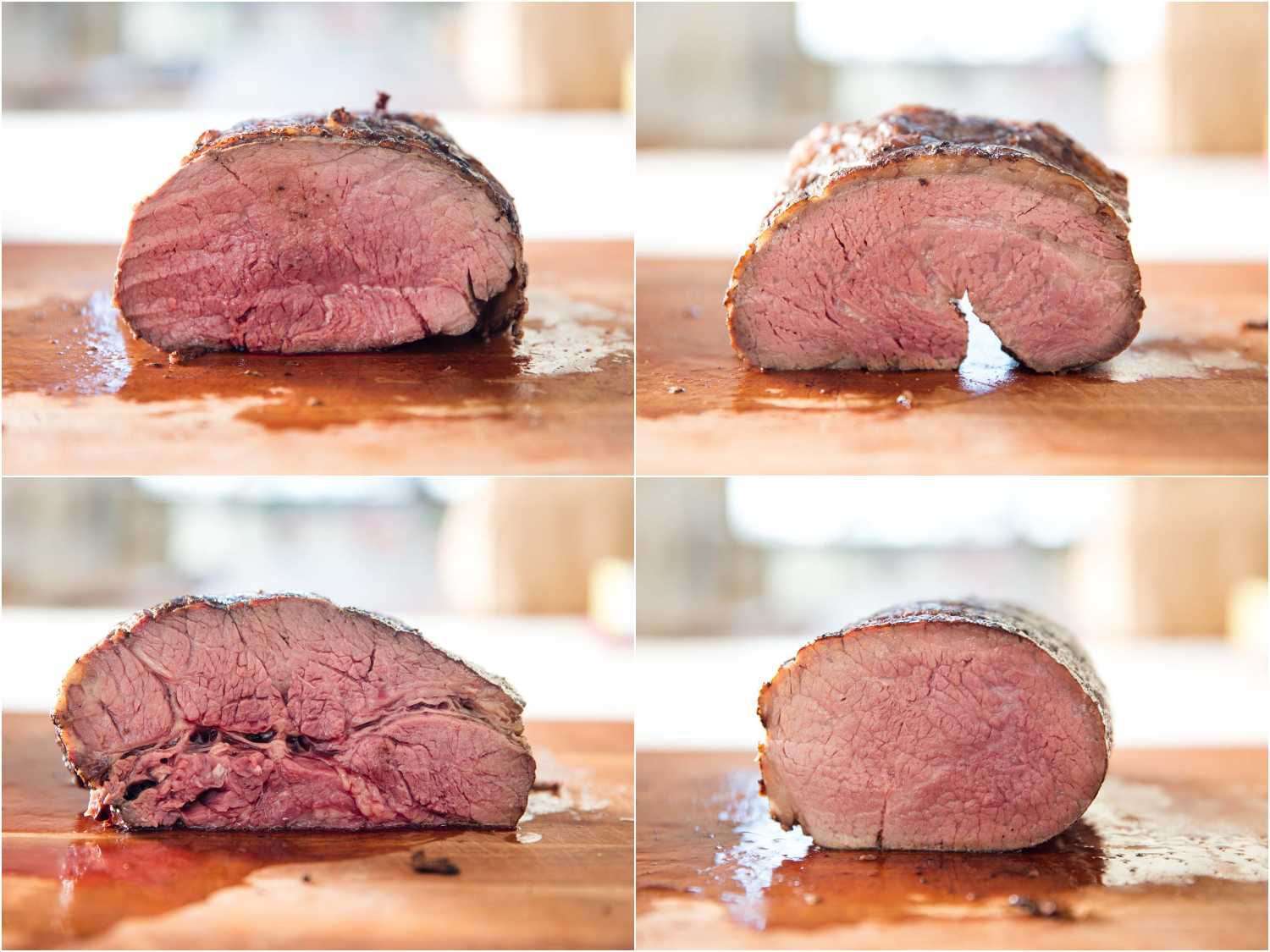 Cross-section interior shots of four different cuts of roast beef. Clockwise from top left: top sirloin, tri-tip, eye of round, chuck roast.