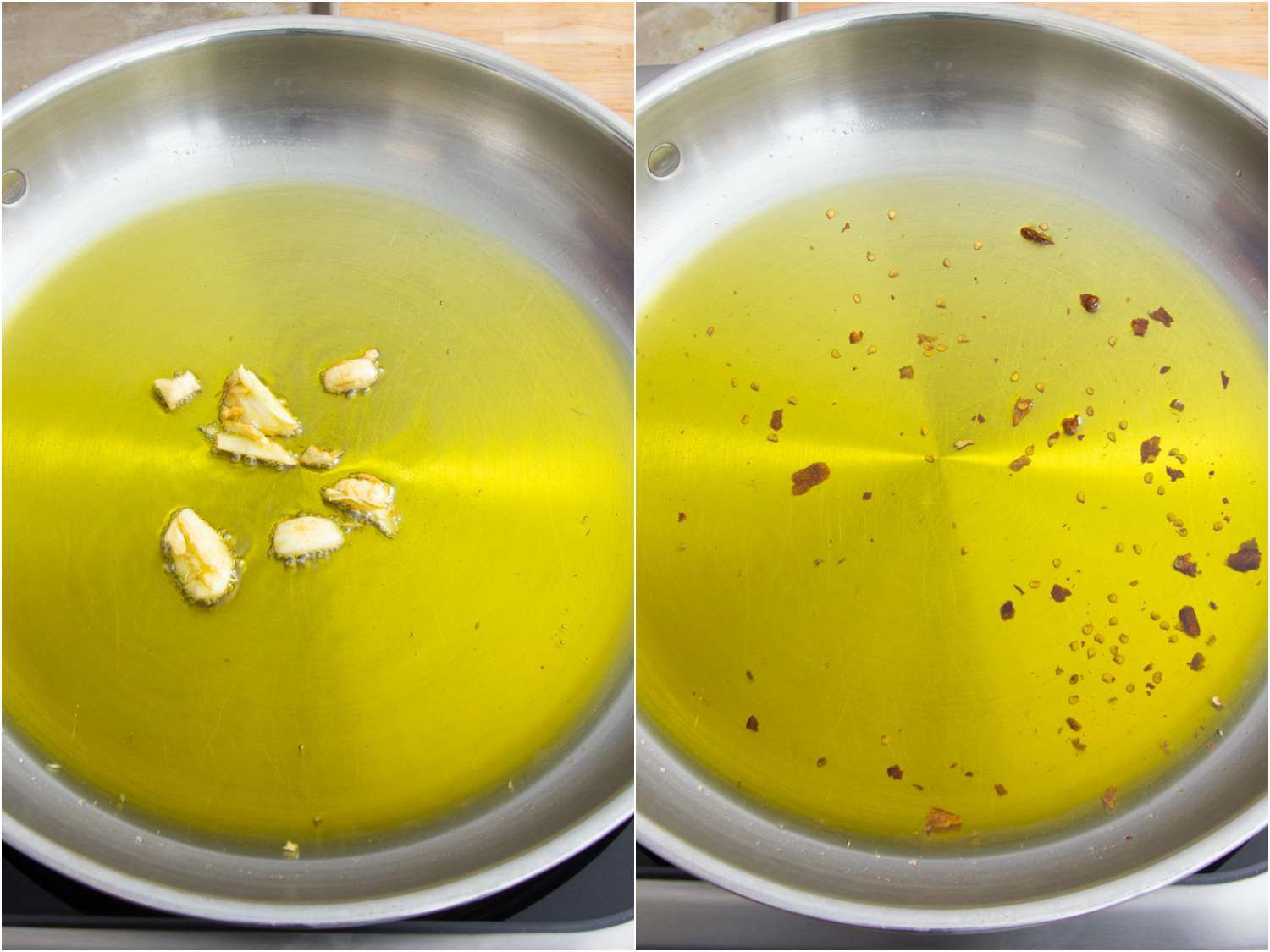 A split image with garlic and oil in a pan on the left and oil and red pepper flakes cooking in a pan on the right. 