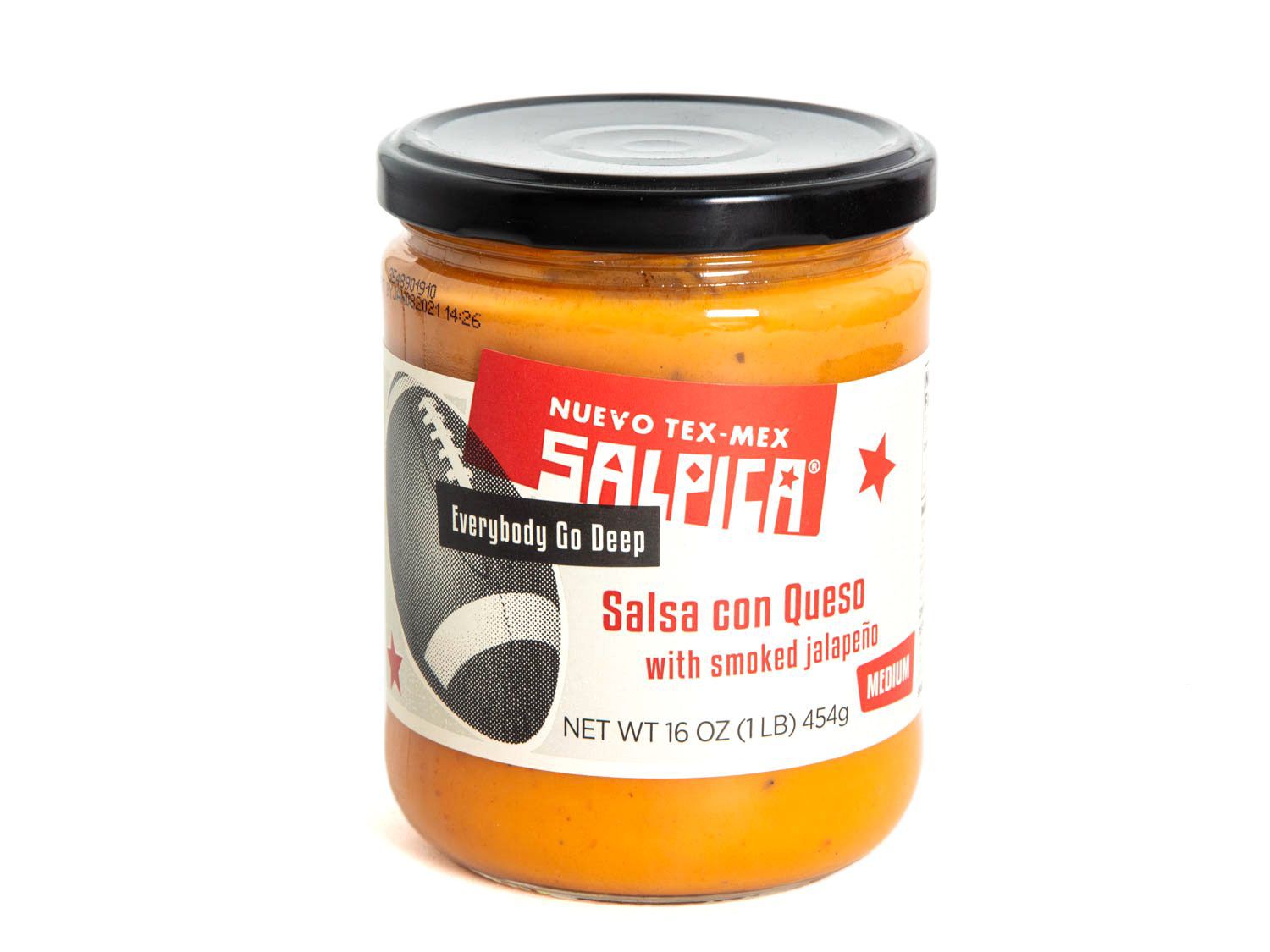 A jar of Salpica salsa con queso.