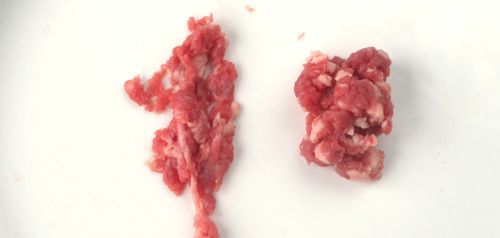 Comparing poorly ground pork (left) and properly chilled ground pork (right)