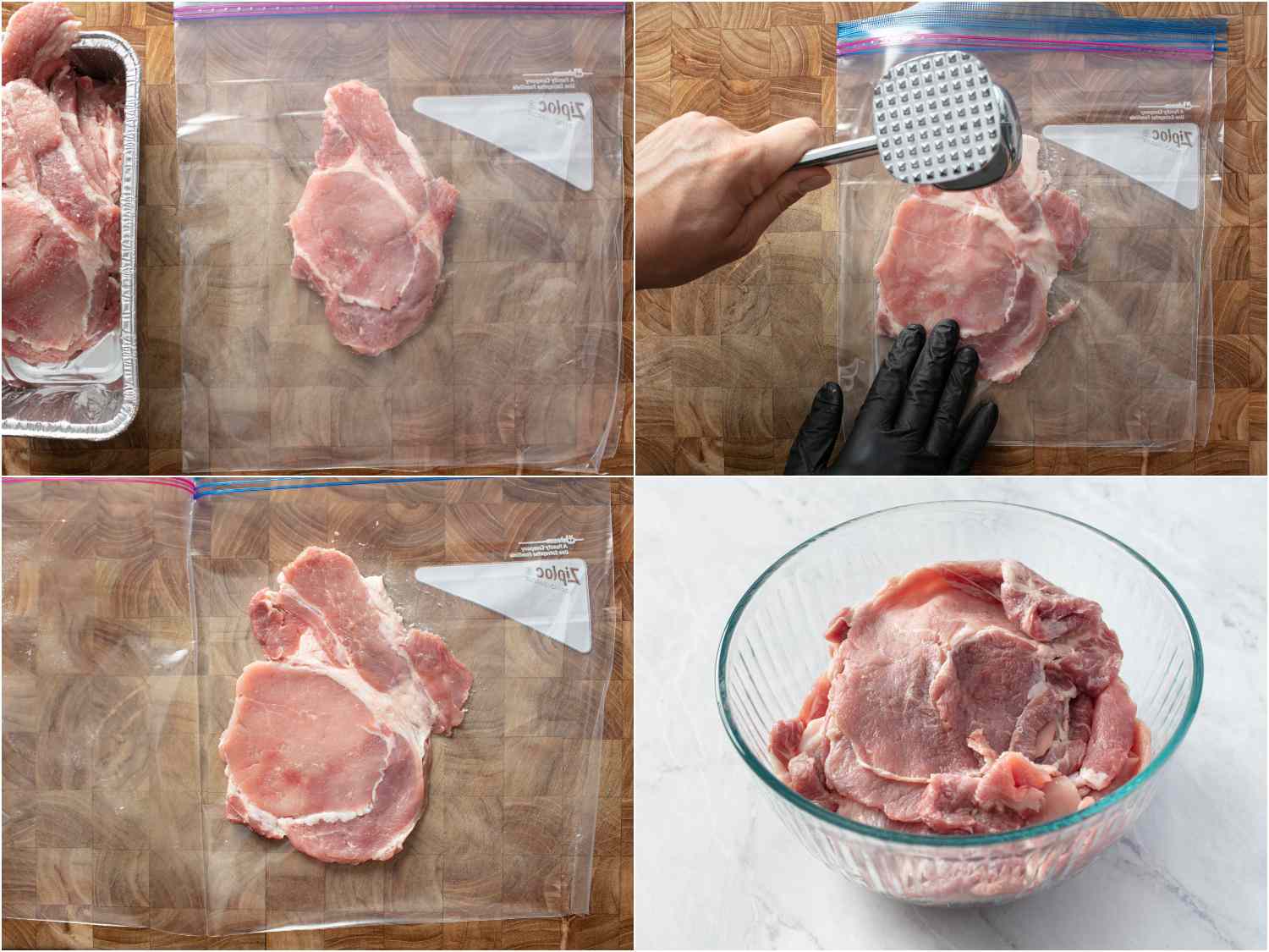 Collage of the process of pounding boneless pork into thin pieces