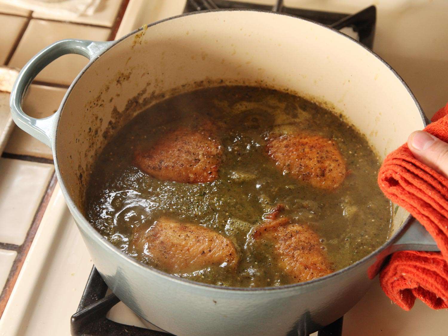 The chicken thighs are simmered in the puréed salsa.
