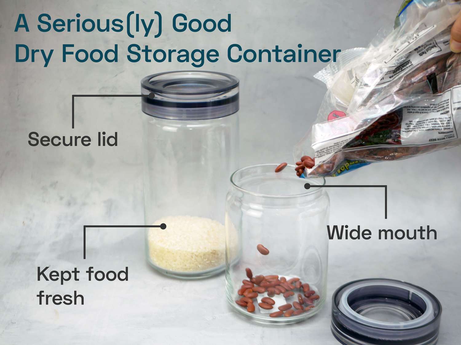 two dry food storage containers, one with rice, one being filled with beans on a gray surface