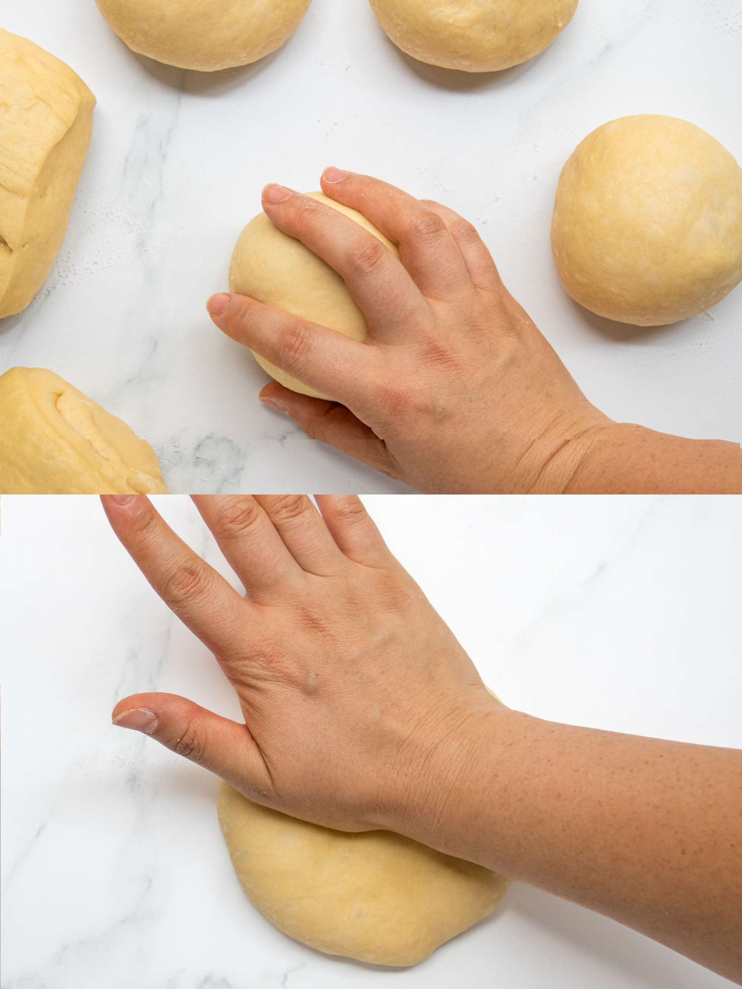 @ image collage. Top: Rolling dough into a tight smooth ball. Bottom: Heel of hand flattening the dough