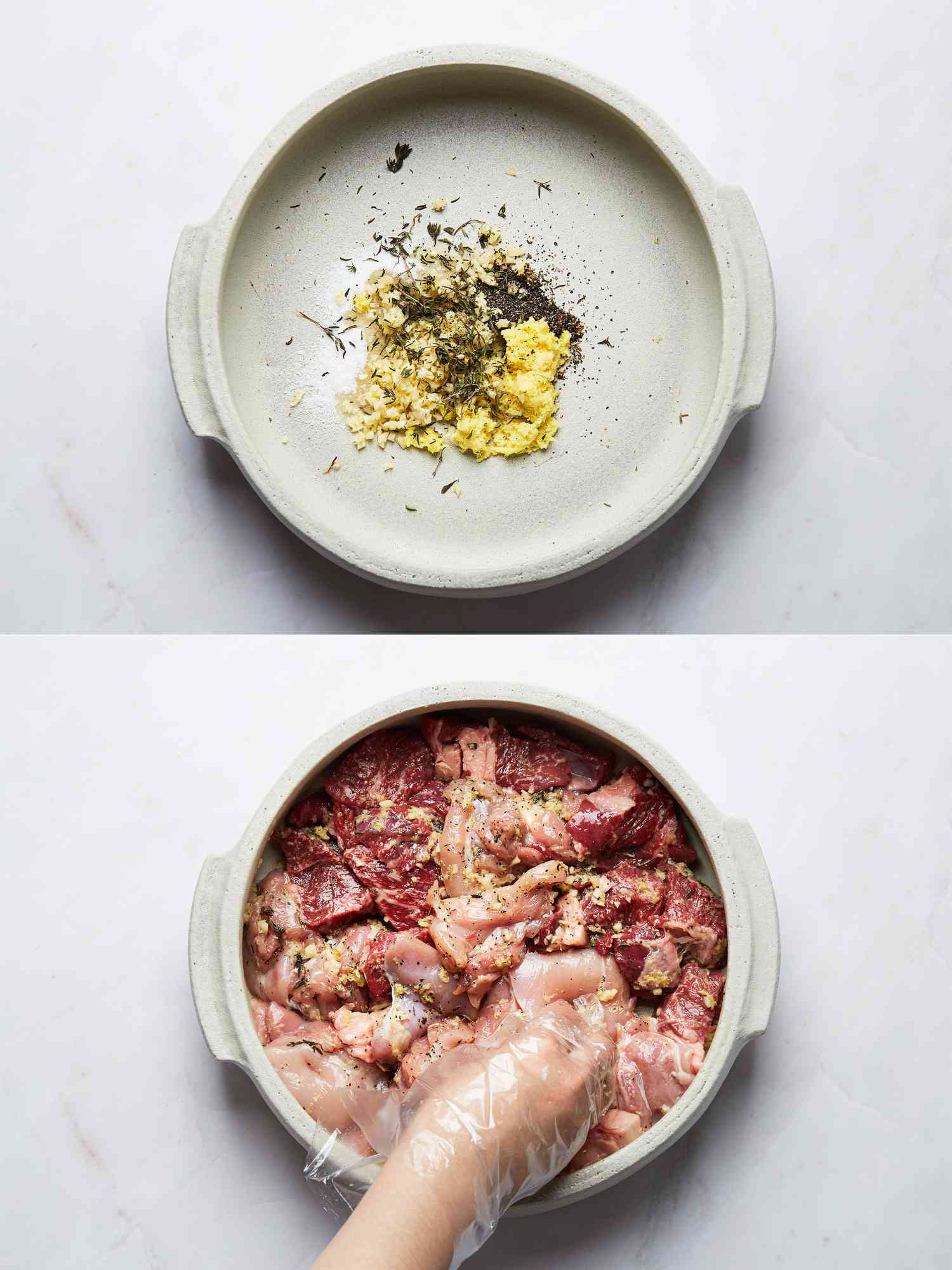 Two collage of overhead view of marinating chicken 