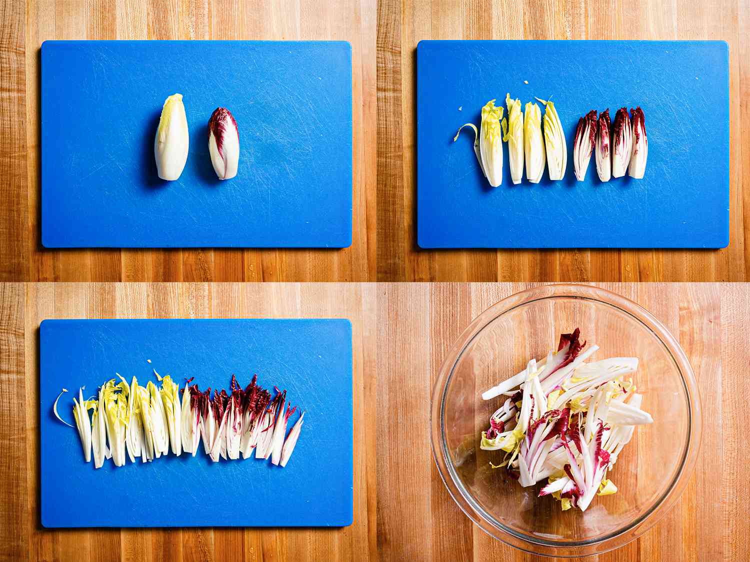 Four image collage of endives being prepared