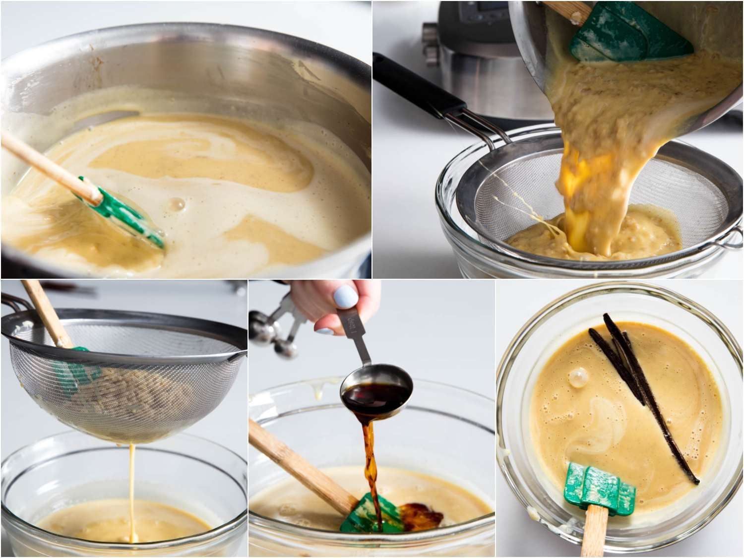 A collage of five images showing the base for oatmeal cookie ice cream being boiled in a saucepan, strained through a fine mesh strainer, pressing the oat with a spatula to extract flavor, adding vanilla extract and vanilla bean pod to infused.