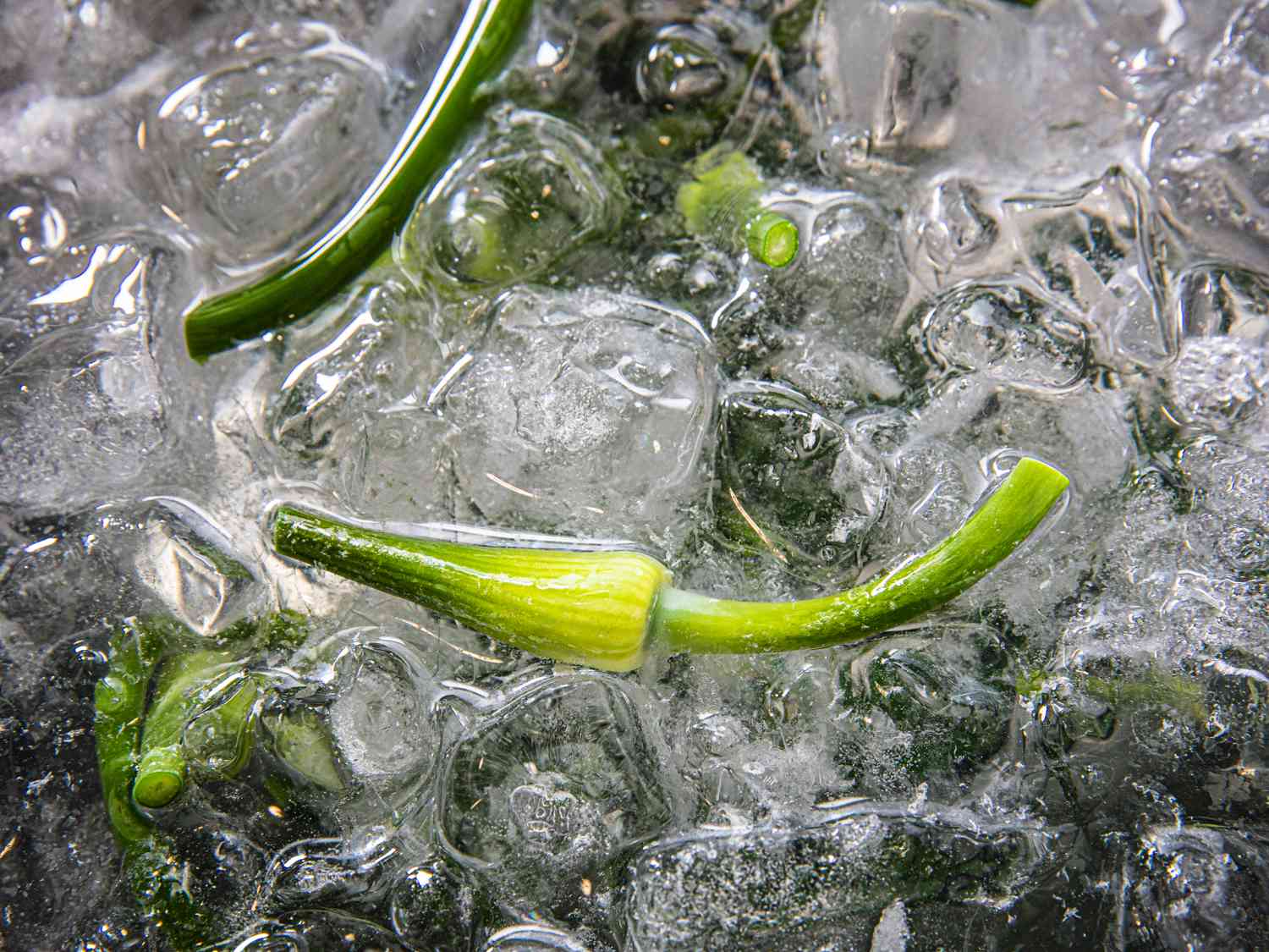Close up of garlic scape being blanched 