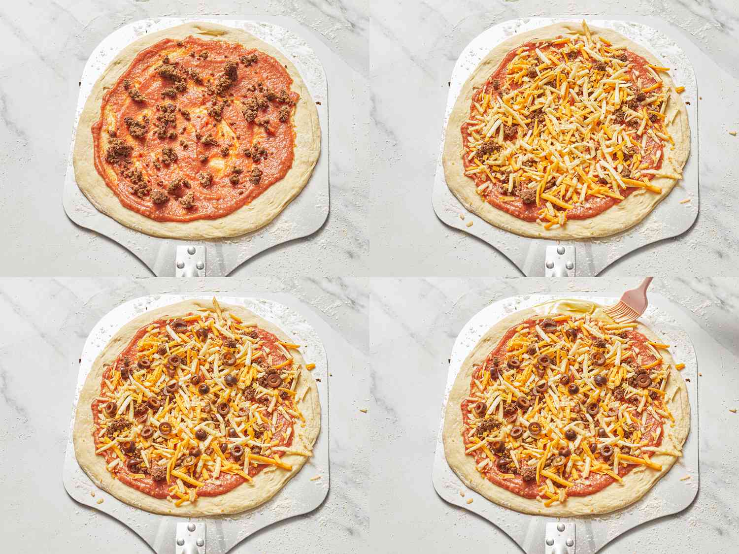 Pizza preparation steps, clockwise from top left: sauce and meat added, cheese layered, additional toppings, brush applying oil to crust.