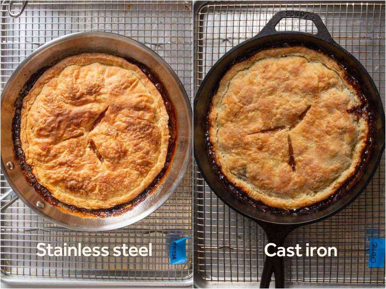 Photo collage comparing a tarte tatin made in a stainless steel skillet vs. one made in a cast iron skillet.