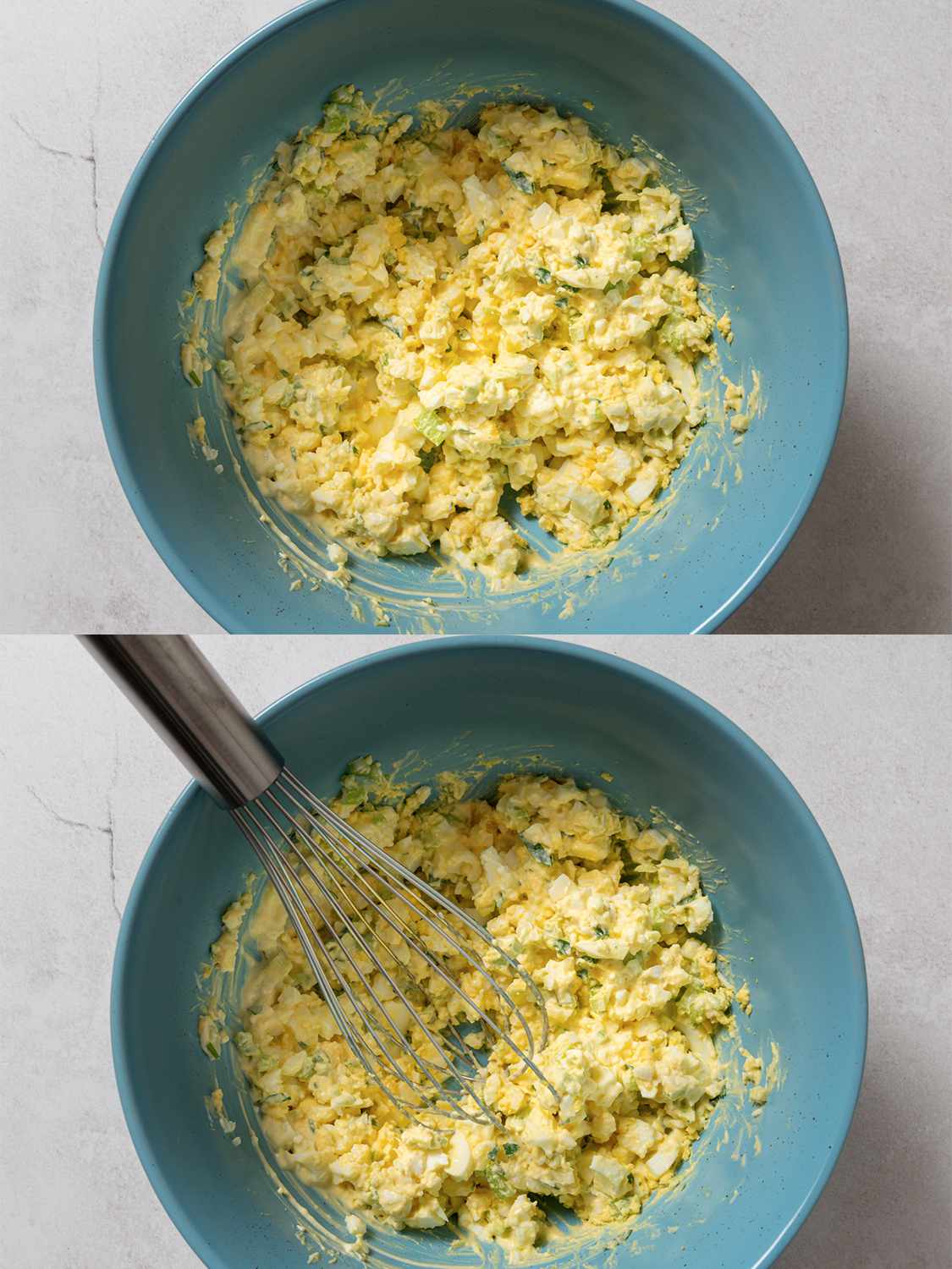 A two-image collage. The top image shows the egg salad ingredients combined in a blue ceramic bowl. The bottom image shows the ingredients being crushed by a whisk and firmly mixed together.