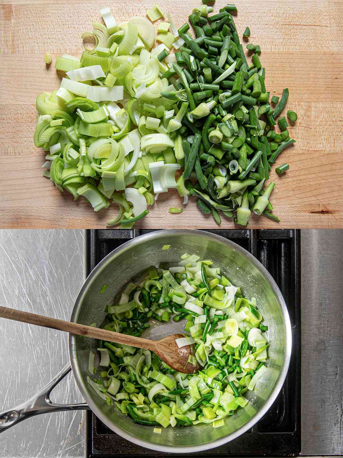 Two Image Collage. Top: Chopped up leak and garlic scapes. Bottom: Garlic scapes and leaks cooking down in a pan