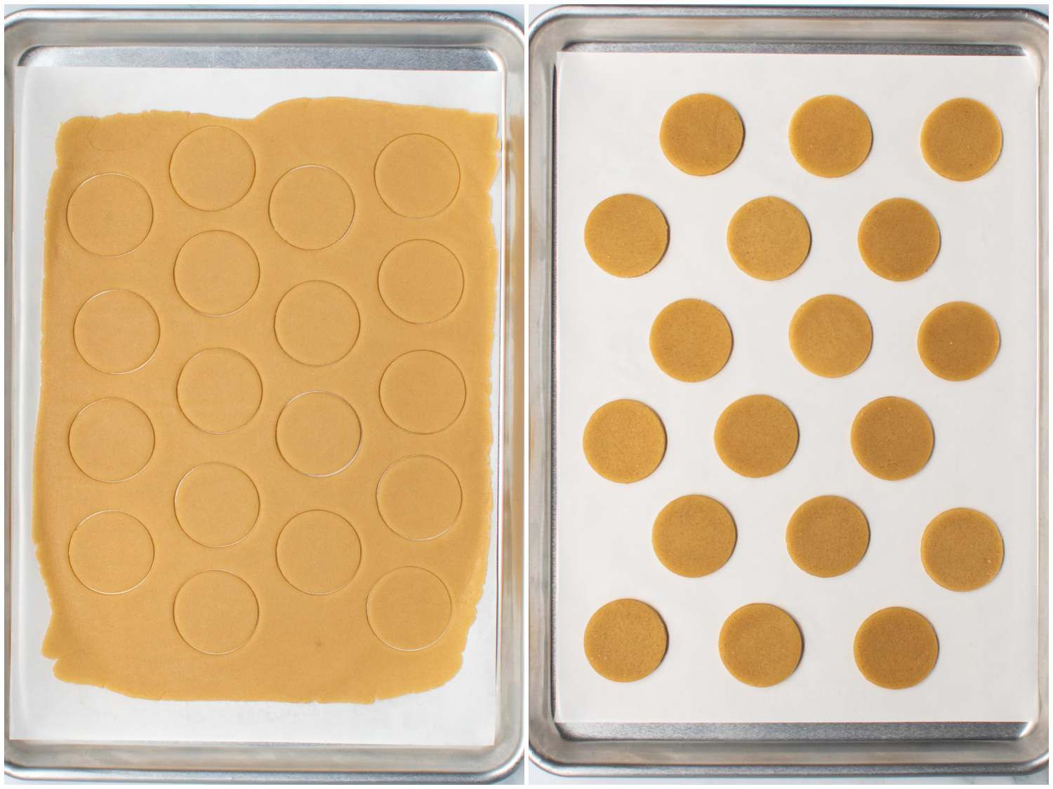 A two-image collage. The left image shows a twelve by fourteen inch rectangle on a baking sheet with eighteen circles cut into the dough. The right image shows the excess dough removed so that only the eighteen cut circles remain on the baking sheet.