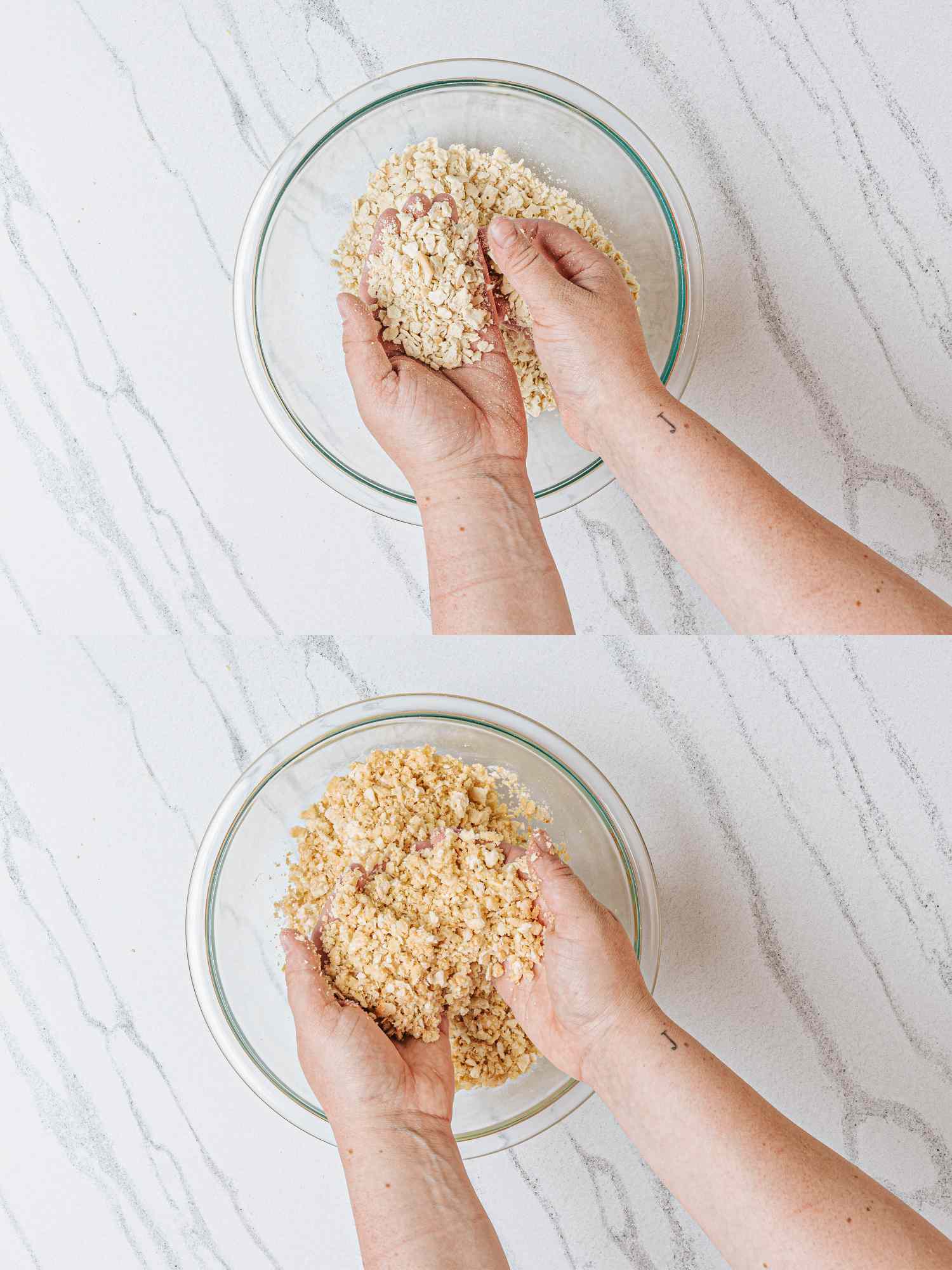 Hands mixing ingredients in a bowl illustrating food preparation steps