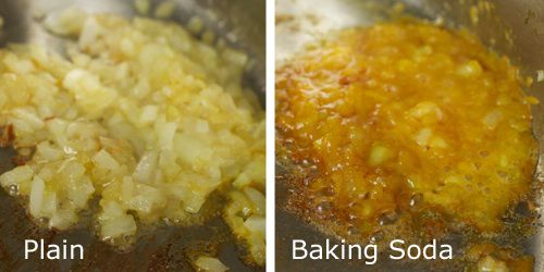Two side-by-side photos. The left photo is labeled with the word "plain" and shows onions being sautéed without baking soda. The right image is labeled "Baking Soda" and shows onions being sautéed with baking soda.