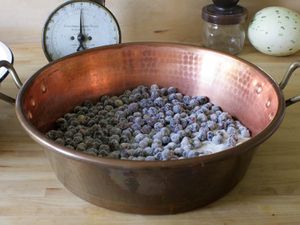 A copper pot filled with blueberries and uncooked sugar.