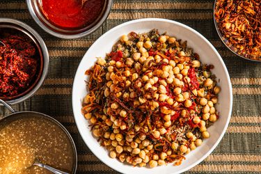 Overhead view of koshari in bowl