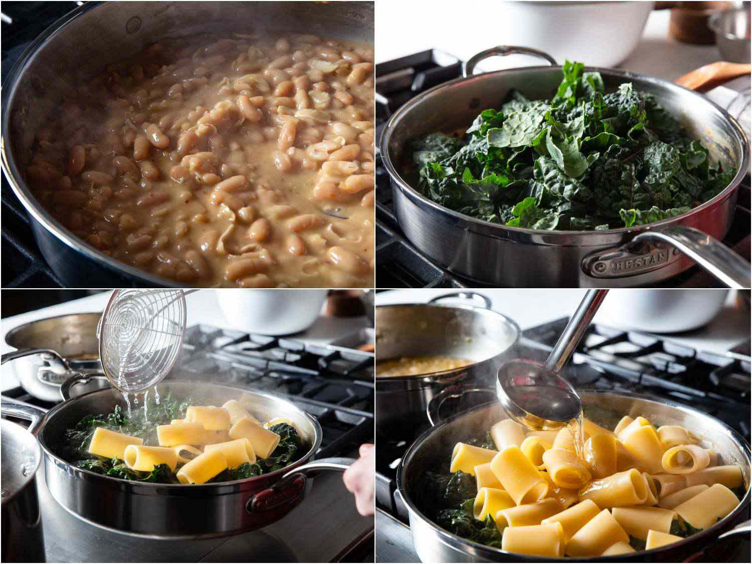 4-image collage of greens and pasta being added to bean sauce, followed by starchy pasta water.