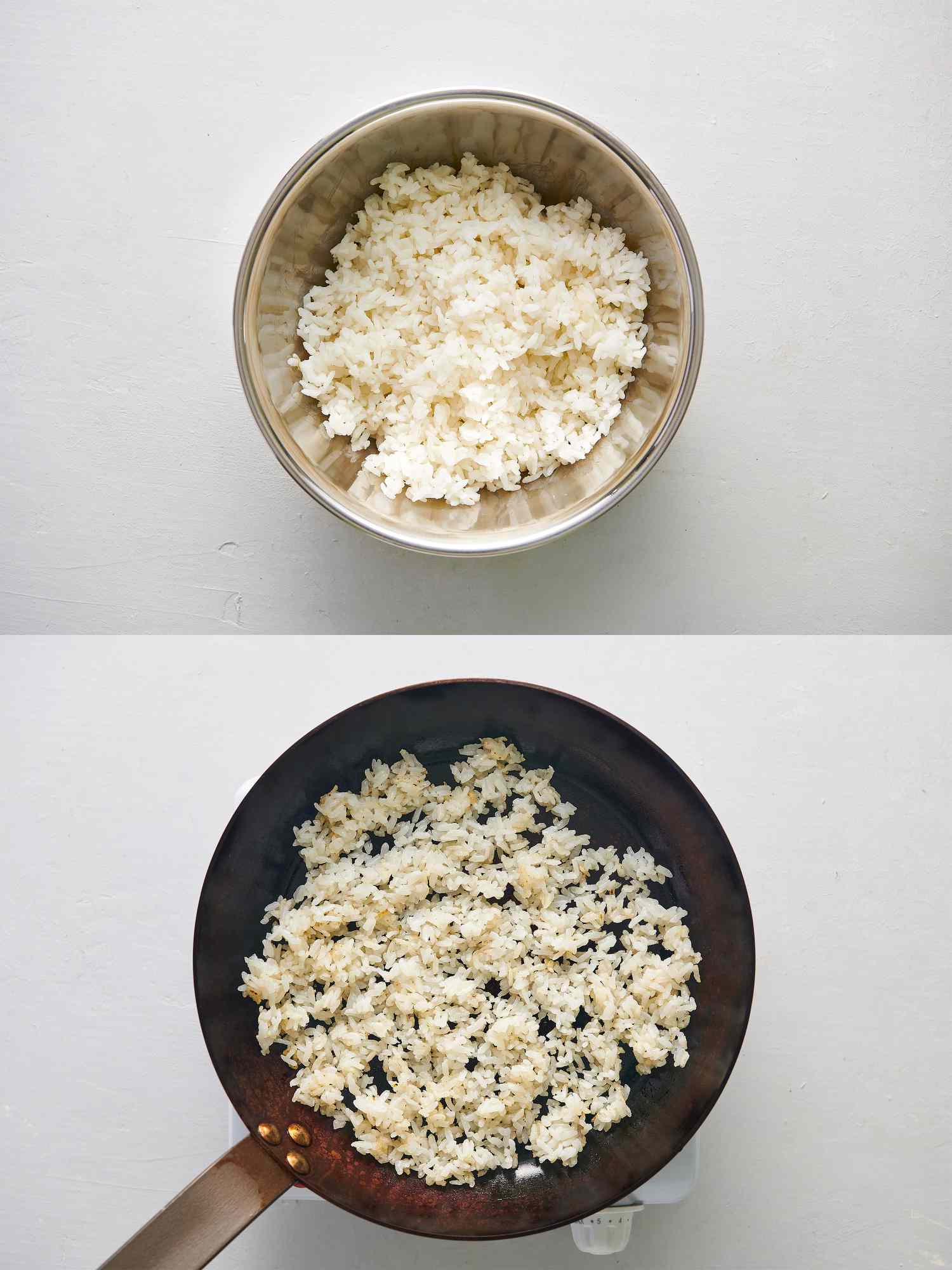 Cooked sushi rice and toasted rice