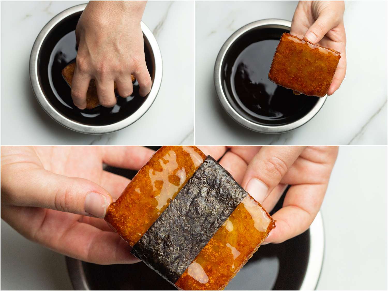 Collage showing steps of dipping potato mochi in soy glaze and then wrapping with nori strip