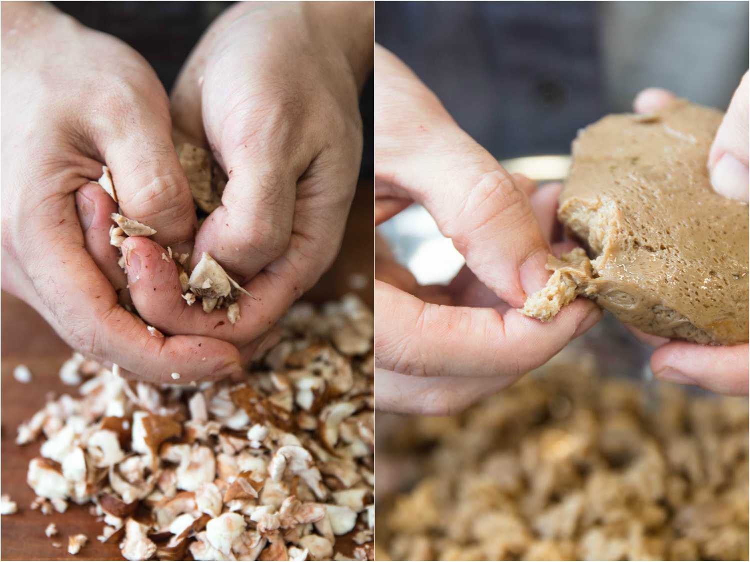 Breaking up seitan into irregular pieces for texture. 