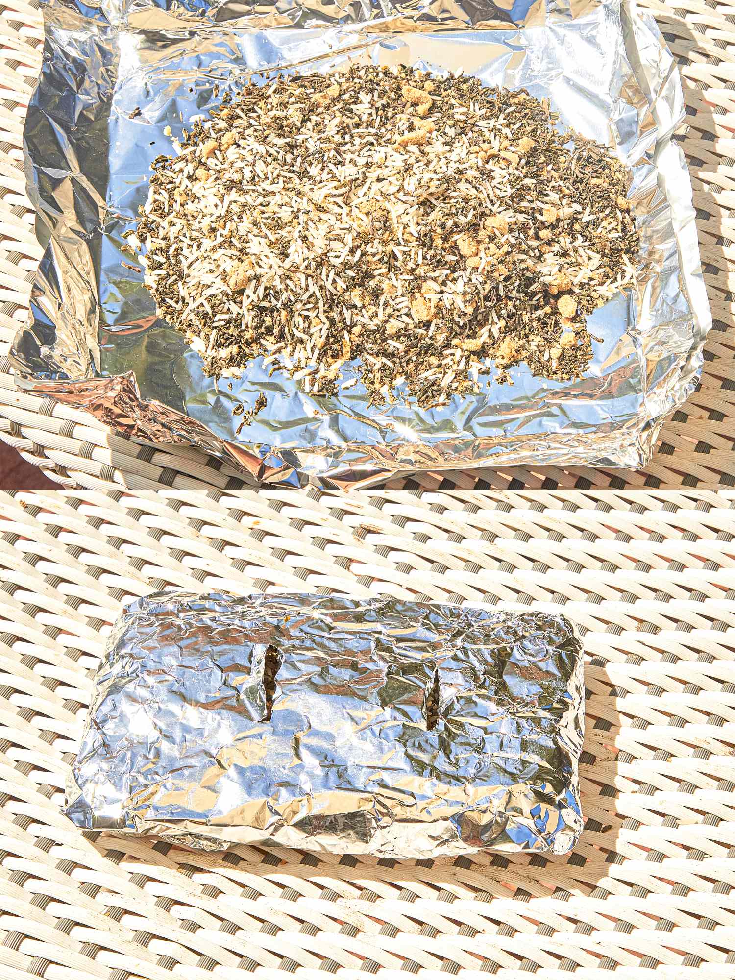 Two images showing an aluminum foil packet with smoking materials and its sealed perforated form