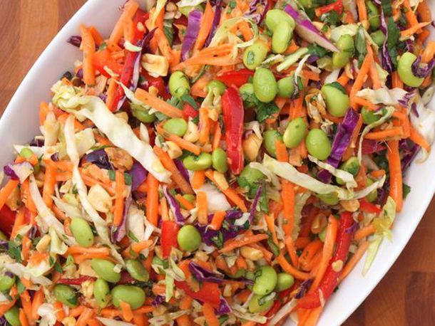 Overhead closeup of Asian Slaw with Ginger Peanut Dressing.