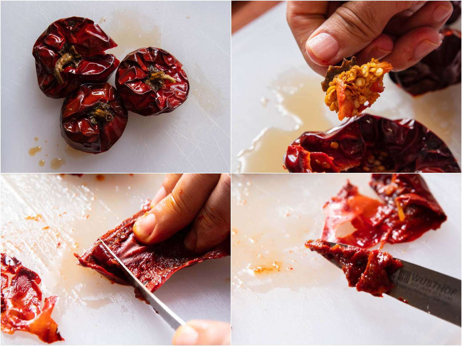 A 4-image collage of prepping and scraping the flesh off a ñora pepper for romesco sauce.